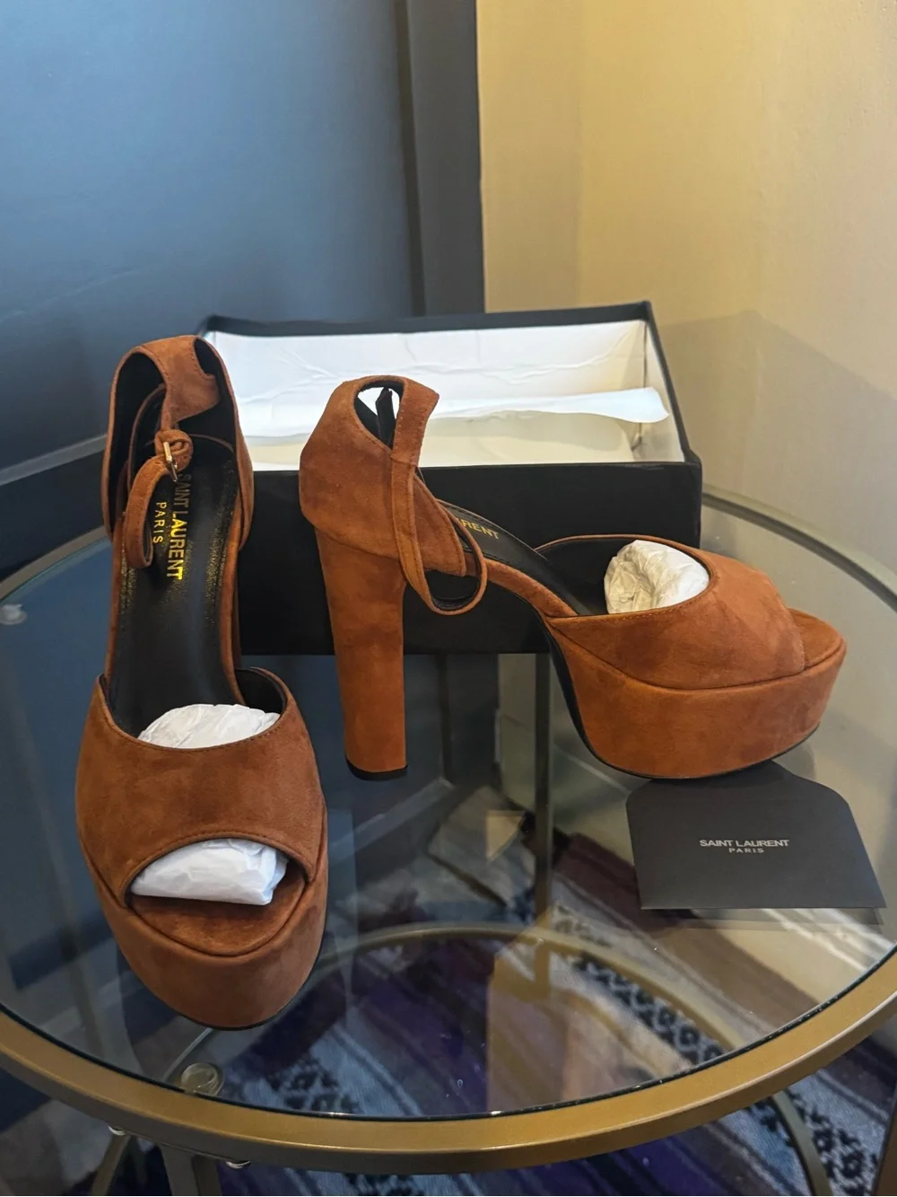 Saint Laurent Tan Suede Platform Peep-Toe Heels